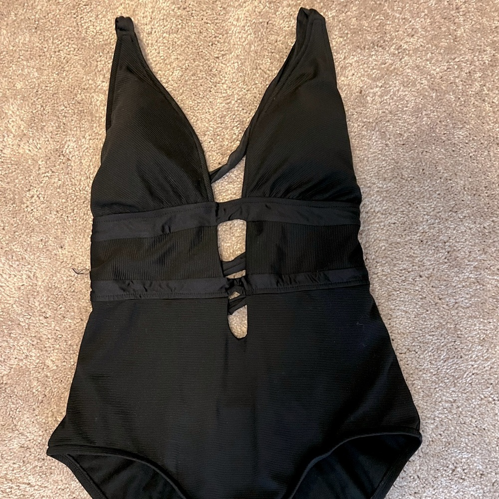 Bond Girl bathing suit! Sexy black plunge one piece with lace up back